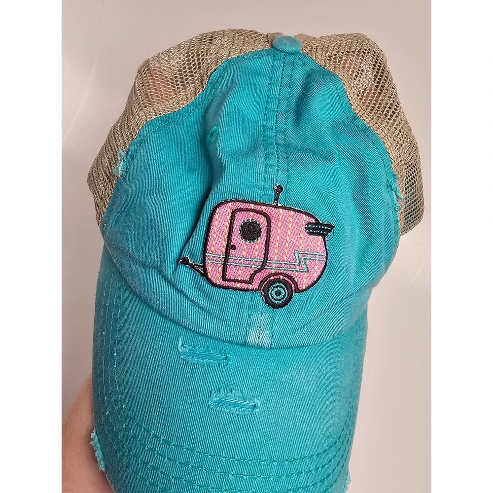 KBETHOS Ponytail‎ Trucker Hat Teal Pink Camper Trailer Distressed Mesh Cap